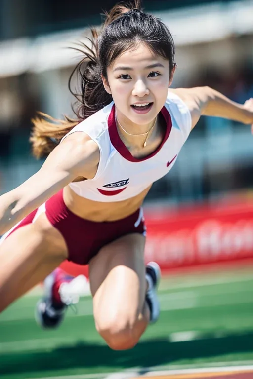100 メートルを全力で走る女性アスリートの生成例