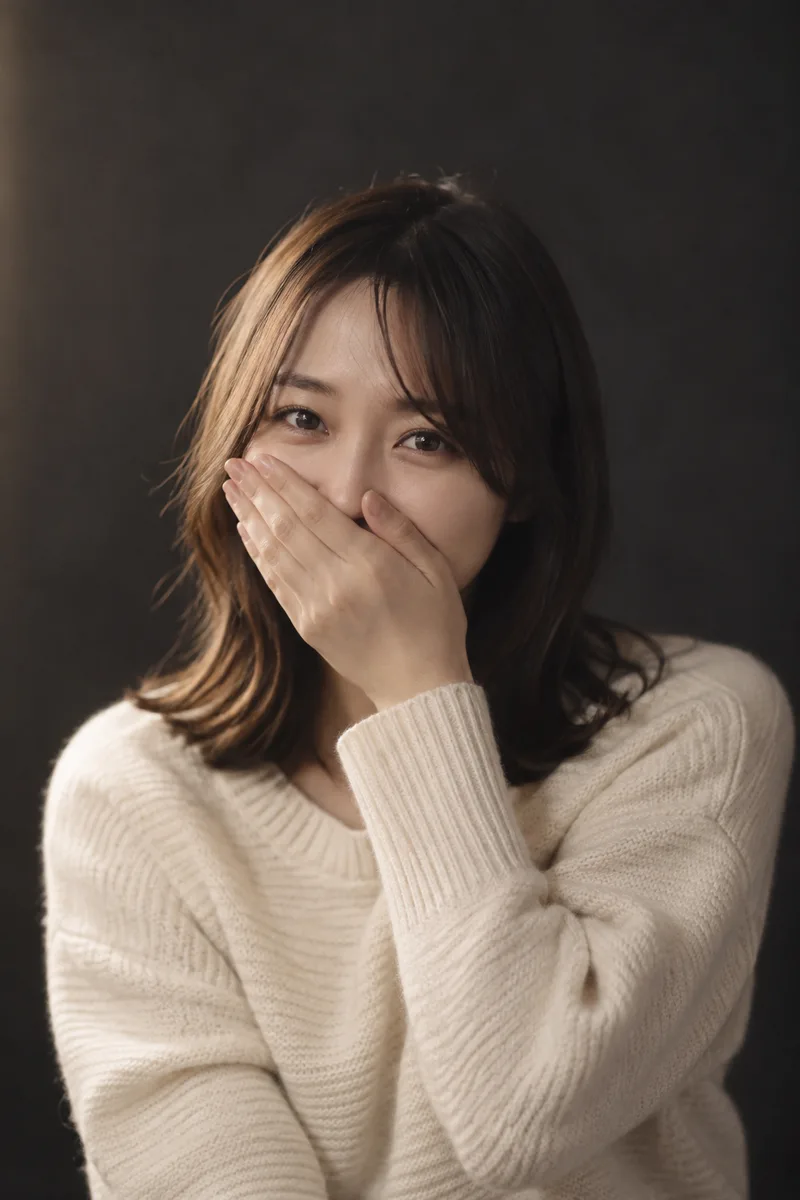 covering her mouth with her hand だけを足して生成した例（2枚目）
