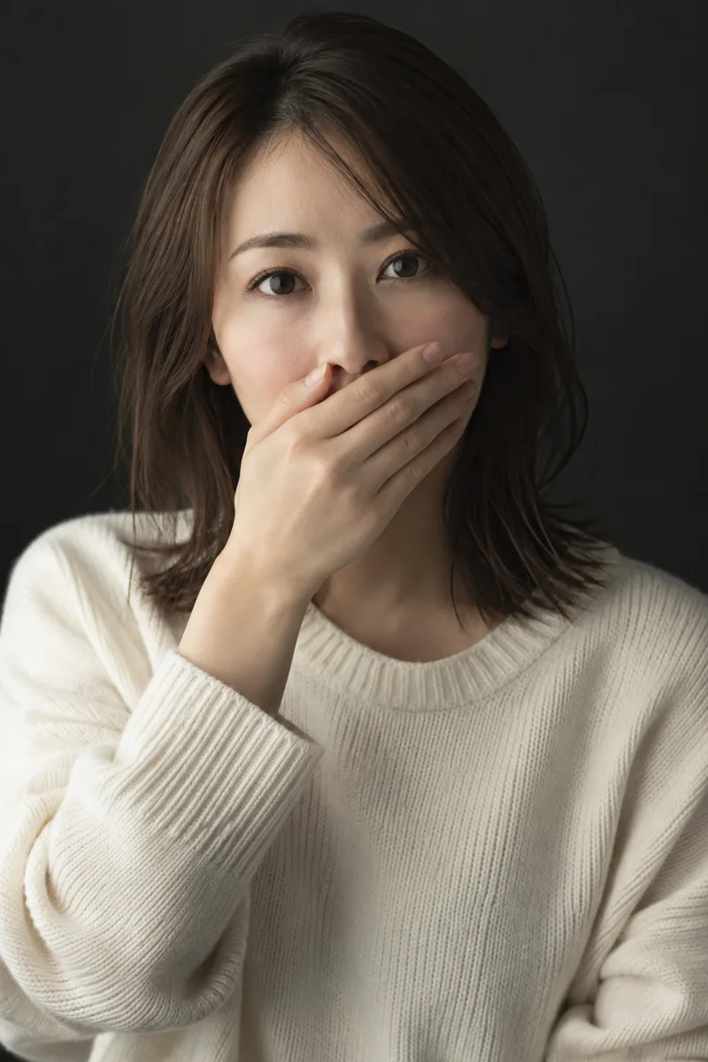 covering her mouth with her hand だけを足して生成した例（4枚目）