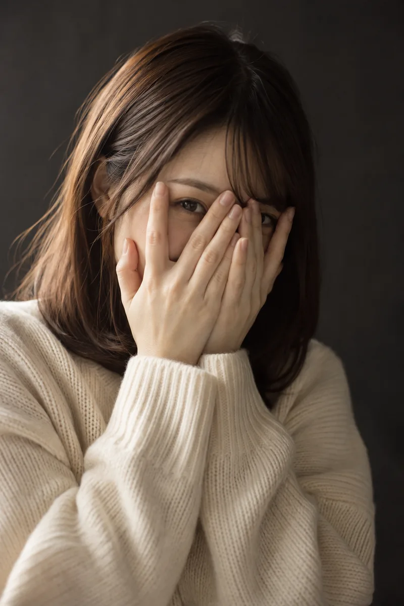 hiding her face with both hands, peeking through her fingers を足して生成した例（3枚目）