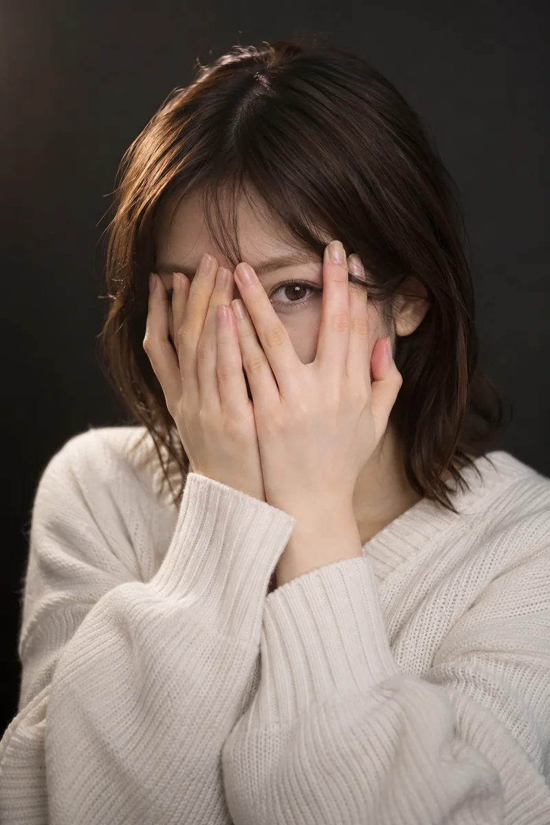 hiding her face with both hands, peeking through her fingers を足して生成した例（4枚目）