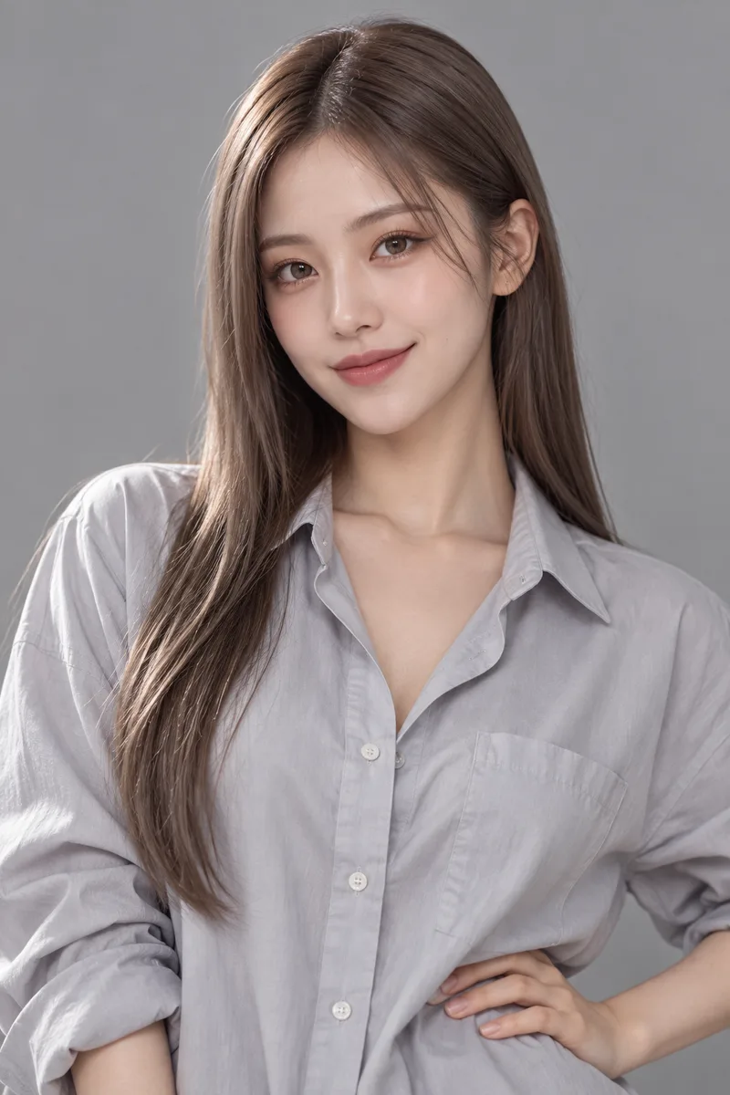 confident, a self-assured closed-mouth smile with one corner of the mouth raised slightly higher, chin lifted, shoulders back, steady direct gaze into the camera, one hand on her hipで生成した例（4枚目）