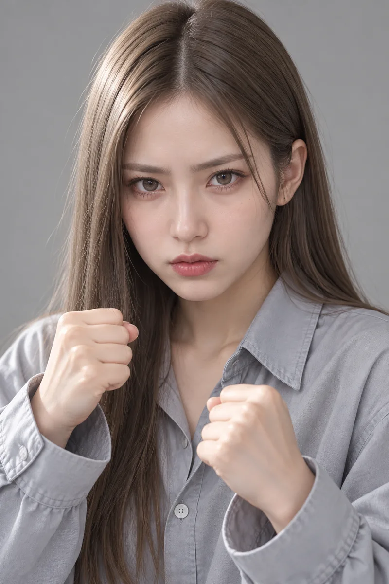 determined, eyebrows drawn straight and low, lips pressed firmly together, jaw set, intense focused gaze straight into the camera, both fists clenched in front of her chestで生成した例（2枚目）