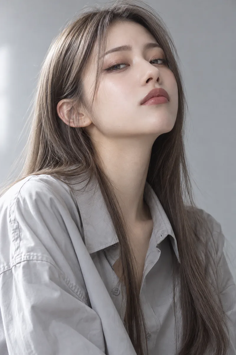 haughty, chin raised high, looking down her nose at the camera with half-lidded eyes, one eyebrow slightly raised, lips closed in a disdainful slight smirkで生成した例（3枚目）