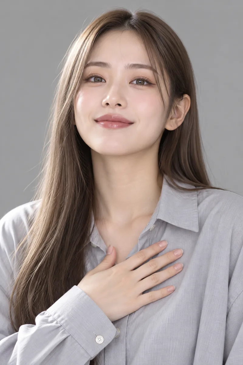 proud, beaming with pride, chin raised, a satisfied closed-mouth smile, eyes bright and looking straight at the camera, one hand placed flat on her chestで生成した例（3枚目）