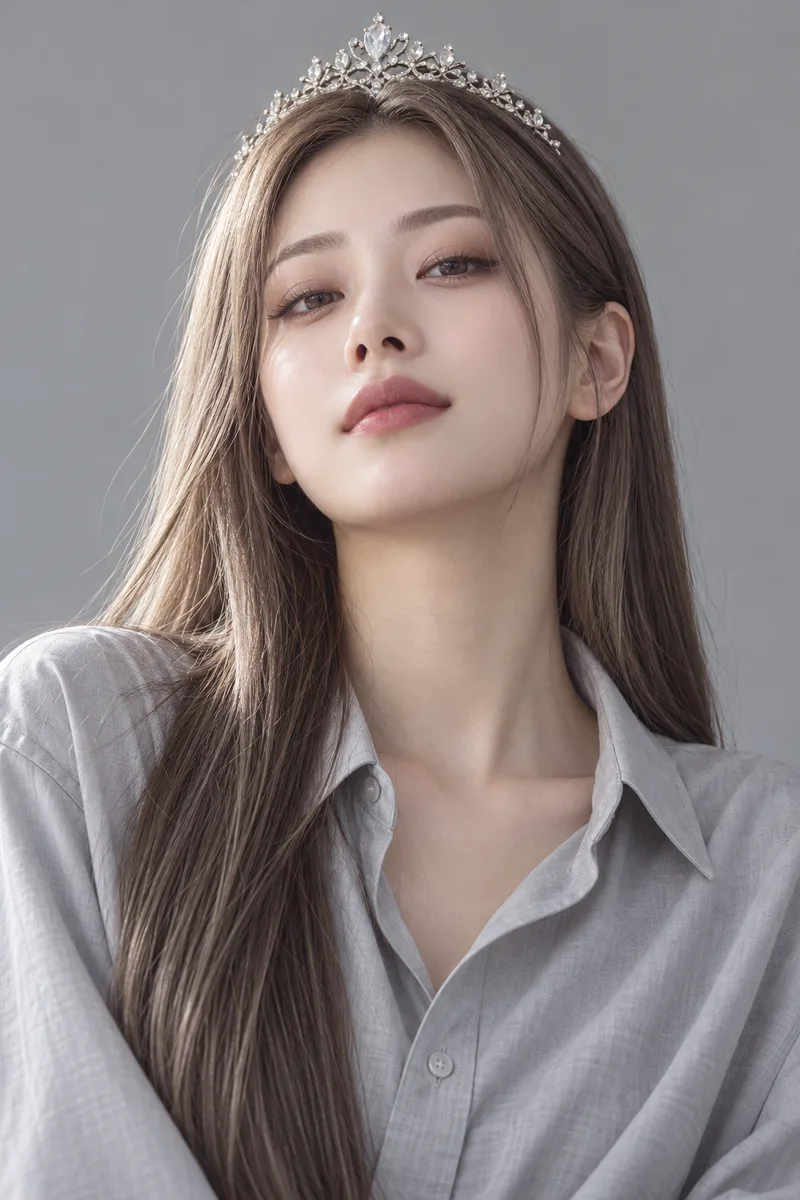 regal like a queen, wearing a delicate silver tiara, chin raised, serene composed face, looking down at the camera with calm heavy-lidded eyes, a faint gracious closed-mouth smileで生成した例（1枚目）