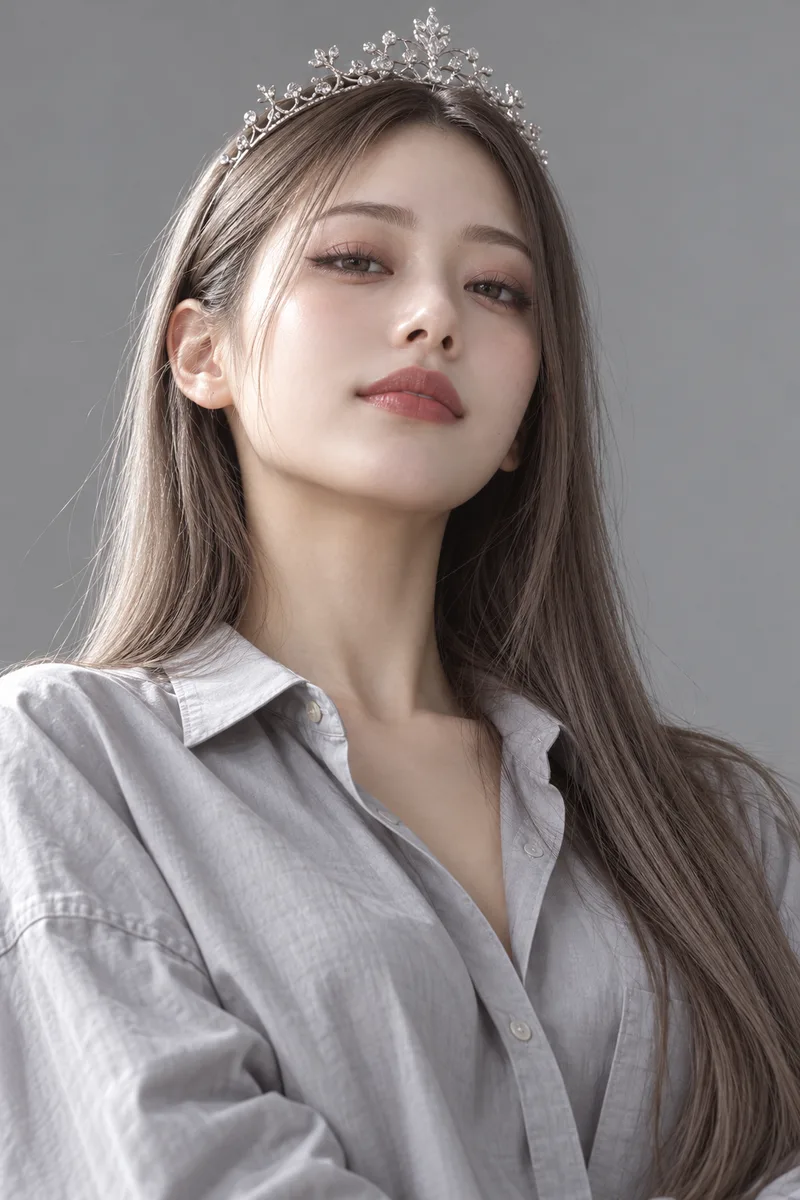 regal like a queen, wearing a delicate silver tiara, chin raised, serene composed face, looking down at the camera with calm heavy-lidded eyes, a faint gracious closed-mouth smileで生成した例（2枚目）