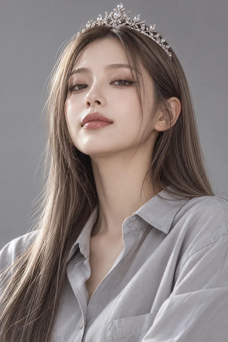 regal like a queen, wearing a delicate silver tiara, chin raised, serene composed face, looking down at the camera with calm heavy-lidded eyes, a faint gracious closed-mouth smileで生成した例（4枚目）