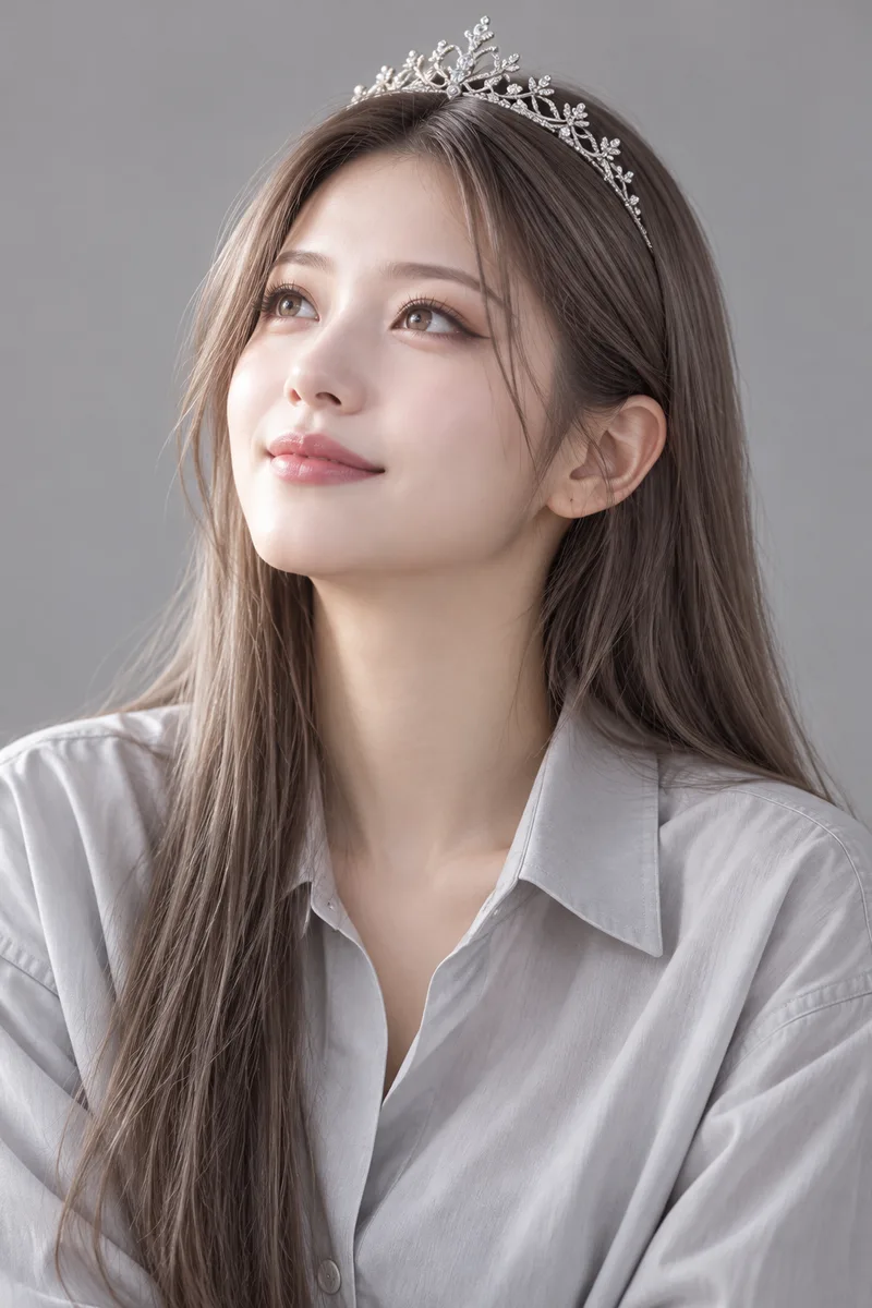regal like a graceful princess, wearing a delicate silver tiara, chin slightly raised, eyes gazing upward into the distance with a hopeful bright look, a soft kind smile, relaxed eyebrows, poised and sereneで生成した例（2枚目）