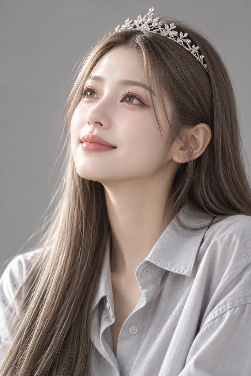 regal like a graceful princess, wearing a delicate silver tiara, chin slightly raised, eyes gazing upward into the distance with a hopeful bright look, a soft kind smile, relaxed eyebrows, poised and sereneで生成した例（4枚目）