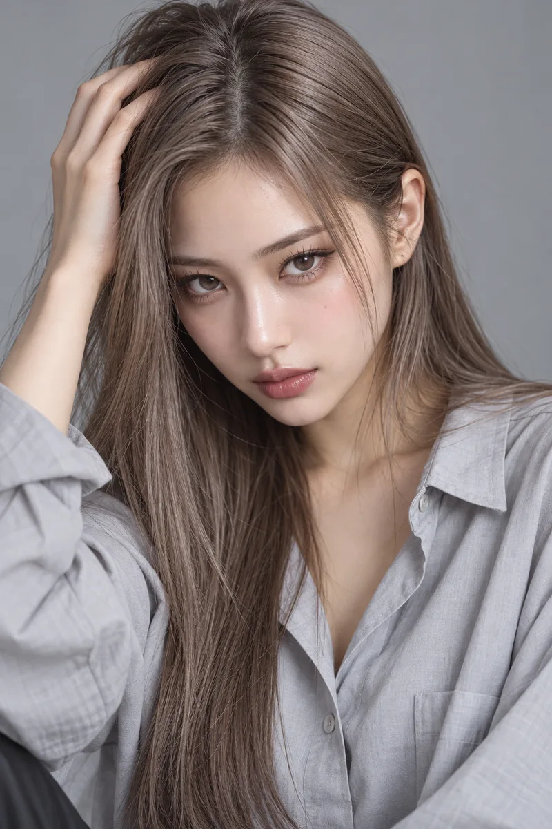 smoldering gaze, a posed model look, chin tilted slightly down, intense eyes looking up into the camera from under her brows, lips closed and relaxed, one hand running through her hairで生成した例（2枚目）