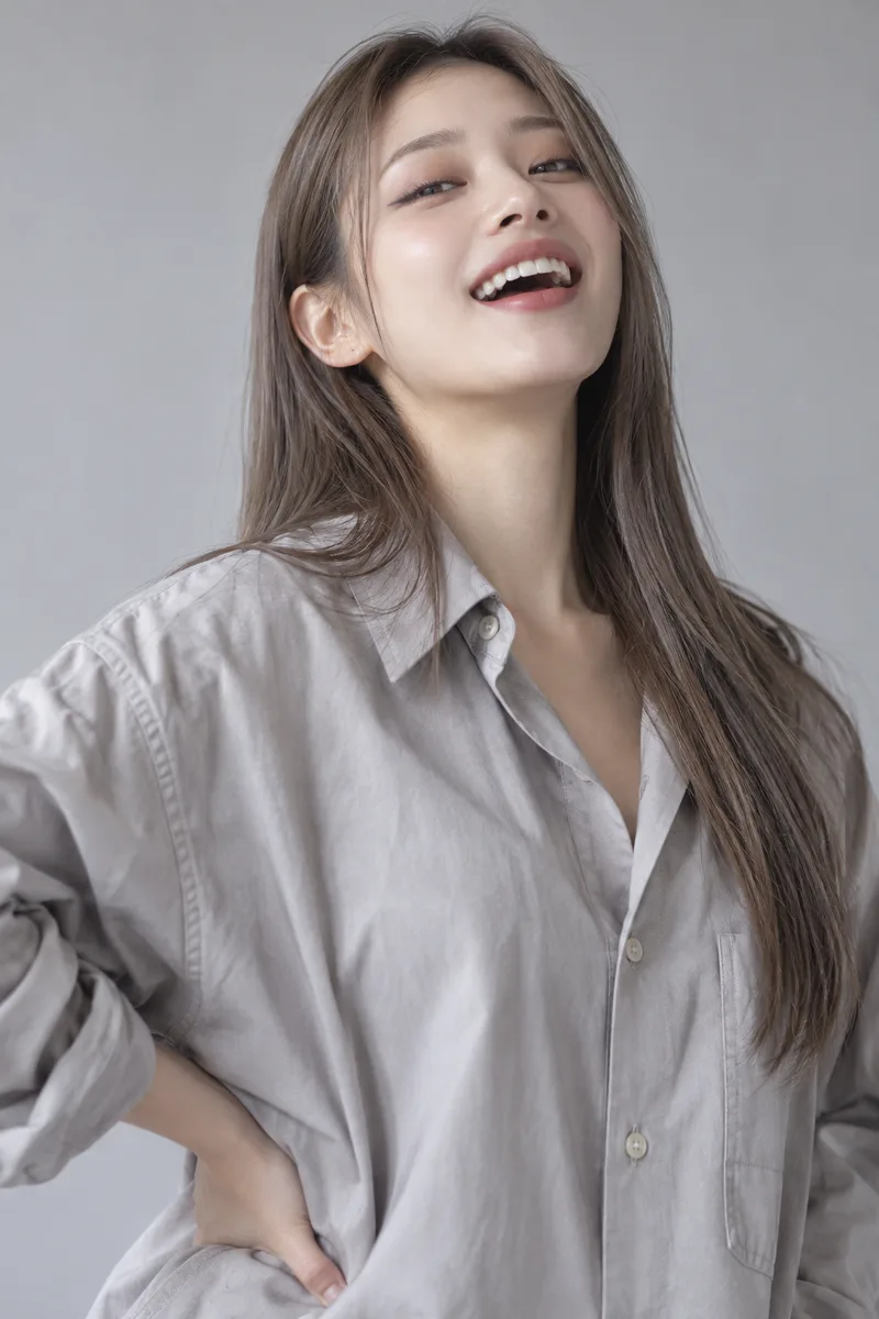 triumphant, a victorious grin with her mouth open in a laugh, chin raised high, eyes half-lidded looking down at the camera, one hand on her hipで生成した例（4枚目）