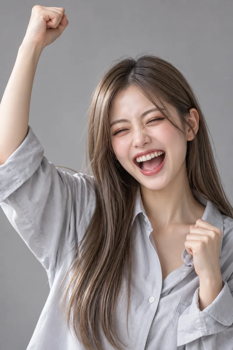 victorious, pumping one fist high in the air in triumph, a huge open-mouthed winning laugh, eyes squeezed with joyで生成した例（4枚目）