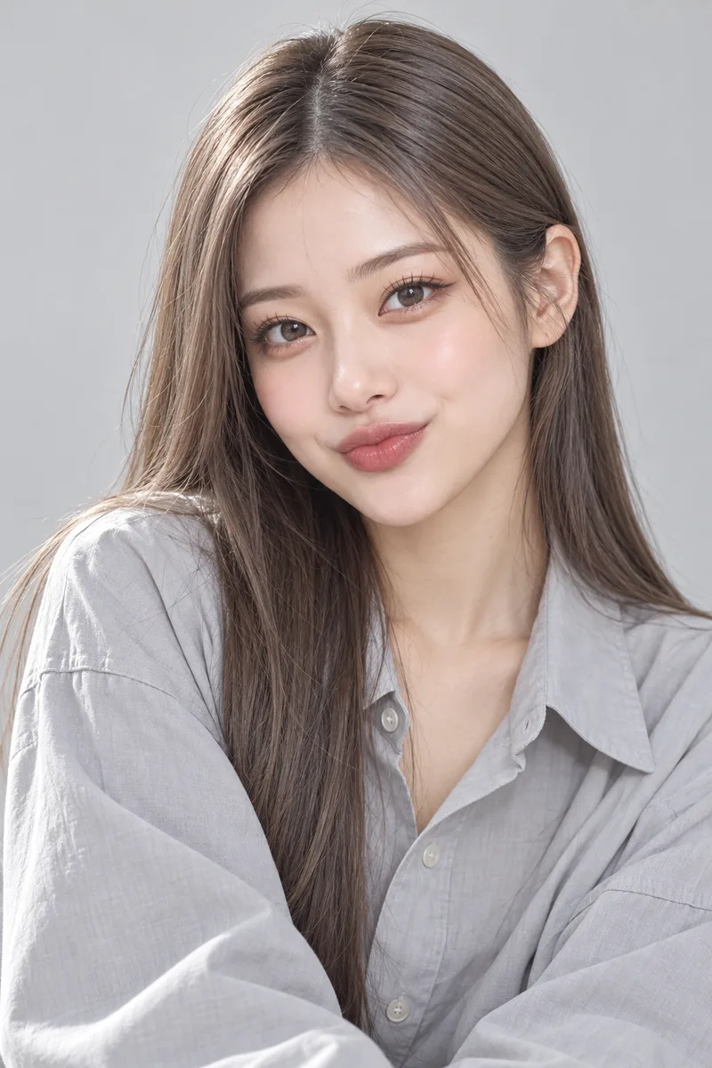 duck-mouth smile, lips closed with the upper lip pushed slightly forward and the corners of her mouth curled up into a small playful smile, cheerful cute eyes looking at the cameraで生成した例（4枚目）
