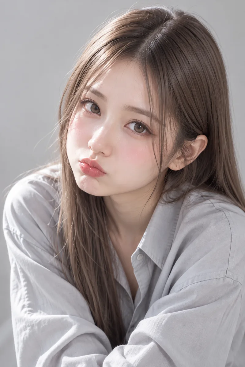 acting sweet and spoiled, a cute playful pout with the lips pushed slightly forward, cheeks lightly puffed and flushed pink, eyes looking up at the camera, head tilted, a hint of a smile in the eyesで生成した例（2枚目）