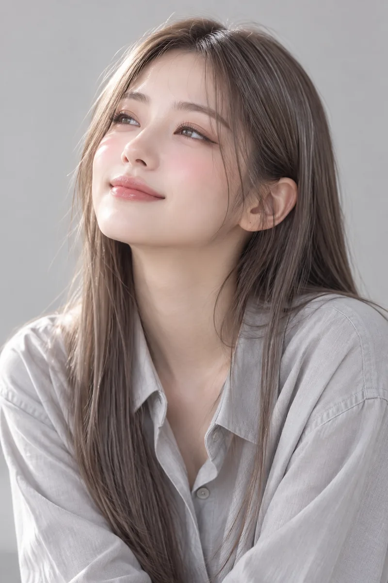 dreamy enraptured look, eyes half-closed and gazing softly upward, a faint blissful smile with lips closed, cheeks lightly flushed pinkで生成した例（2枚目）