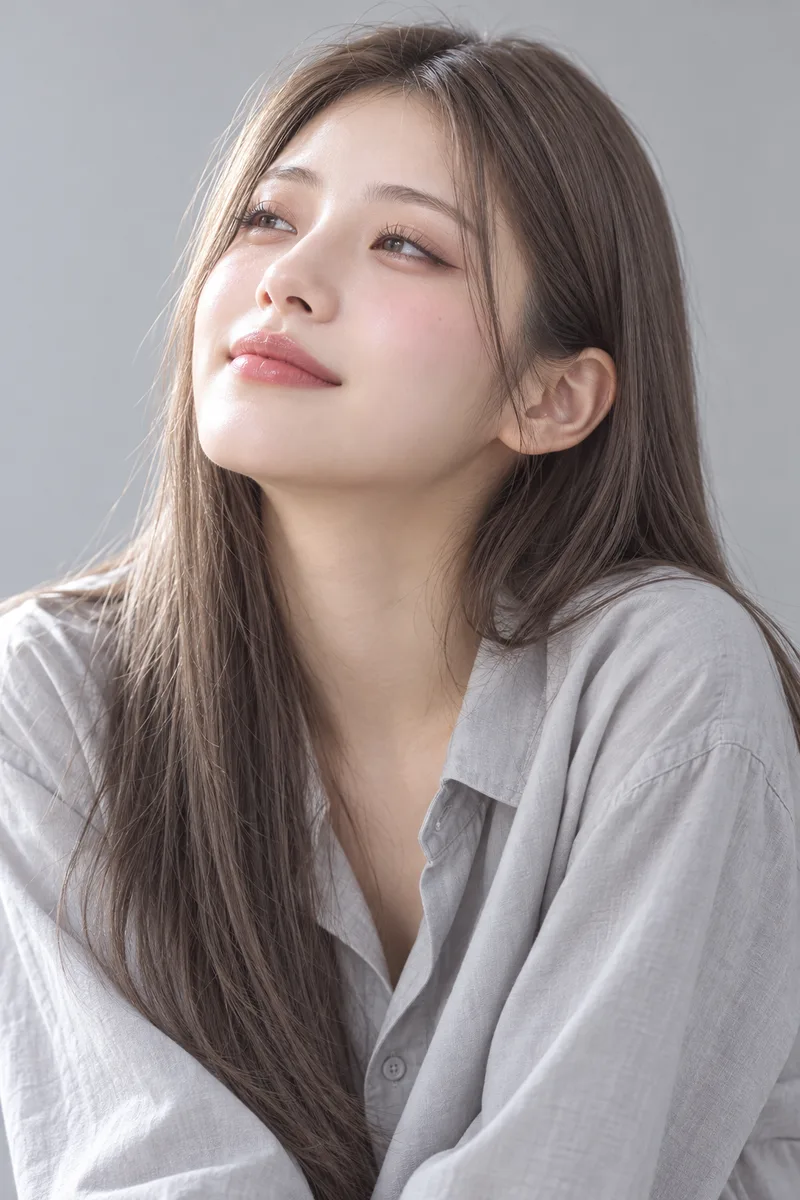 dreamy enraptured look, eyes half-closed and gazing softly upward, a faint blissful smile with lips closed, cheeks lightly flushed pinkで生成した例（4枚目）