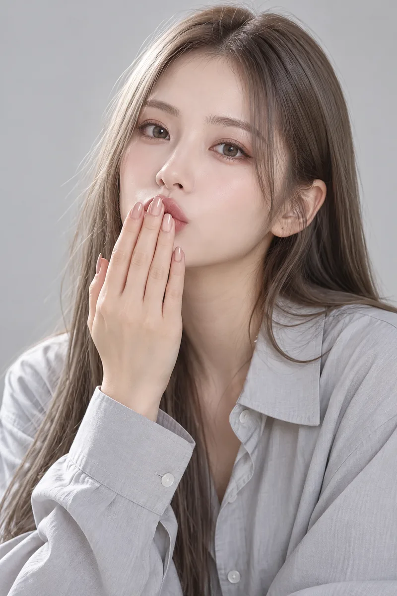kissing her fingertips, the fingertips of one hand pressed lightly against her puckered lips, the back of the hand facing the camera, eyes looking at the cameraで生成した例（3枚目）