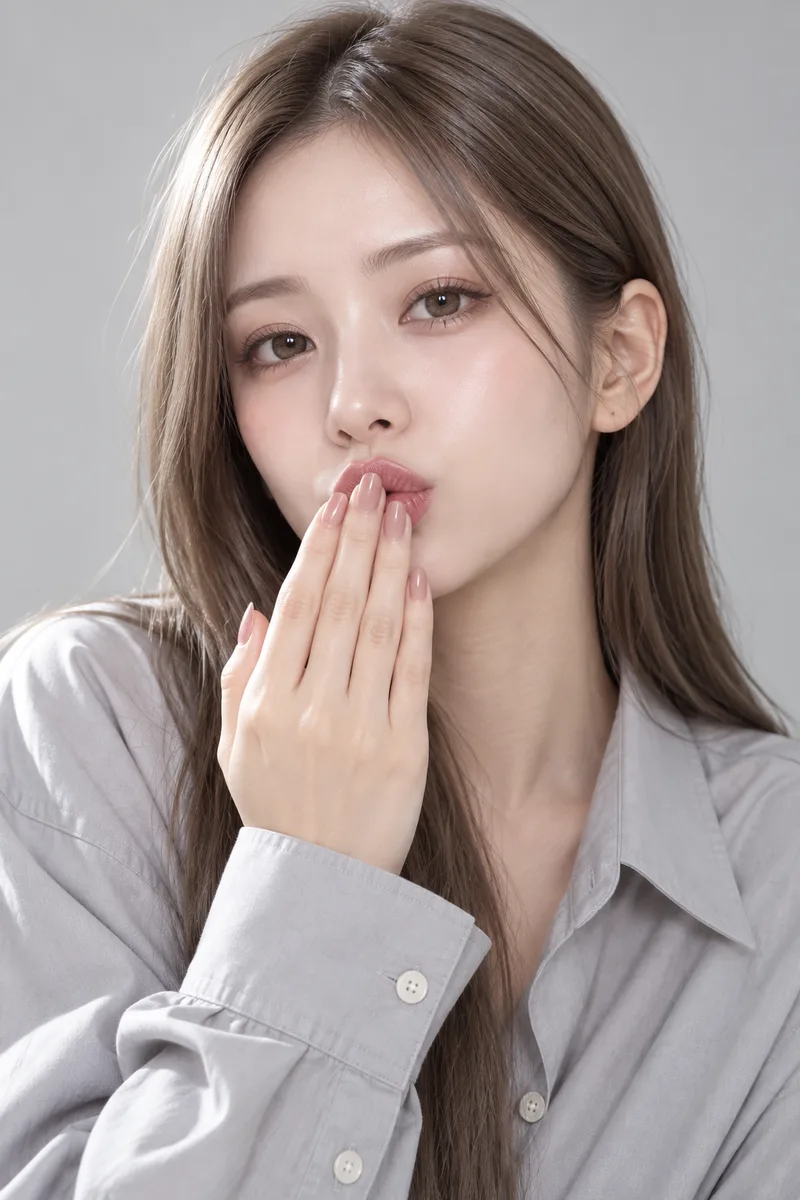 kissing her fingertips, the fingertips of one hand pressed lightly against her puckered lips, the back of the hand facing the camera, eyes looking at the cameraで生成した例（4枚目）