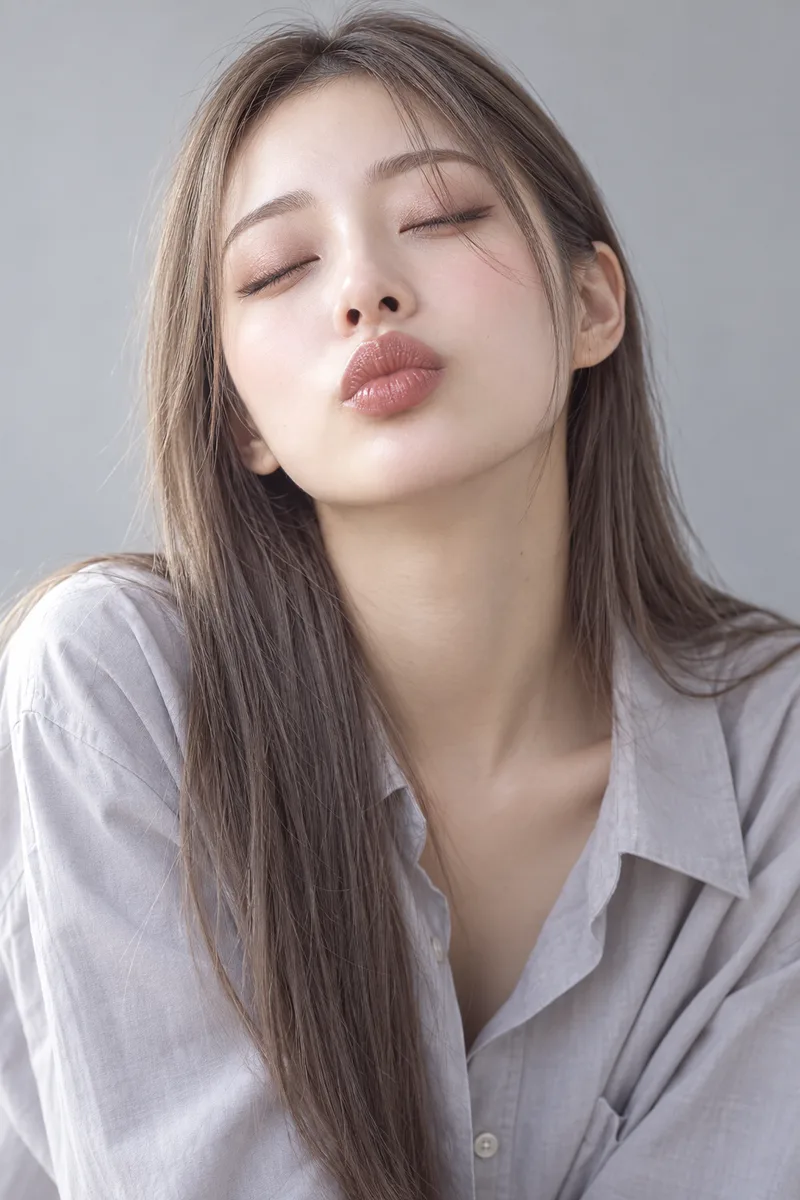 waiting for a kiss, eyes gently closed, chin slightly raised, face tilted up toward the camera, lips softly puckeredで生成した例（3枚目）