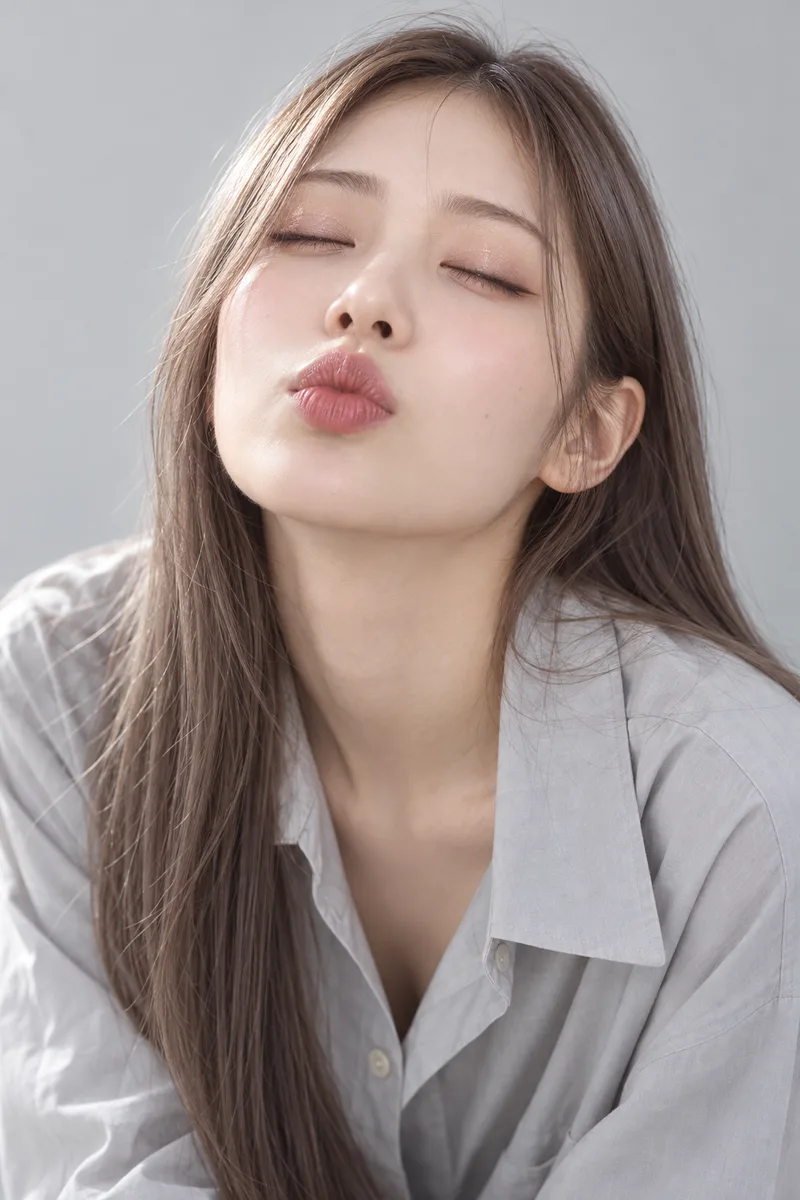 waiting for a kiss, eyes gently closed, chin slightly raised, face tilted up toward the camera, lips softly puckeredで生成した例（4枚目）