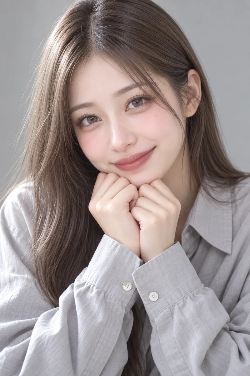 romantic lovestruck gaze at the camera, sparkling eyes, cheeks flushed pink, a shy happy smile with lips closed, both hands clasped together under her chinで生成した例（2枚目）