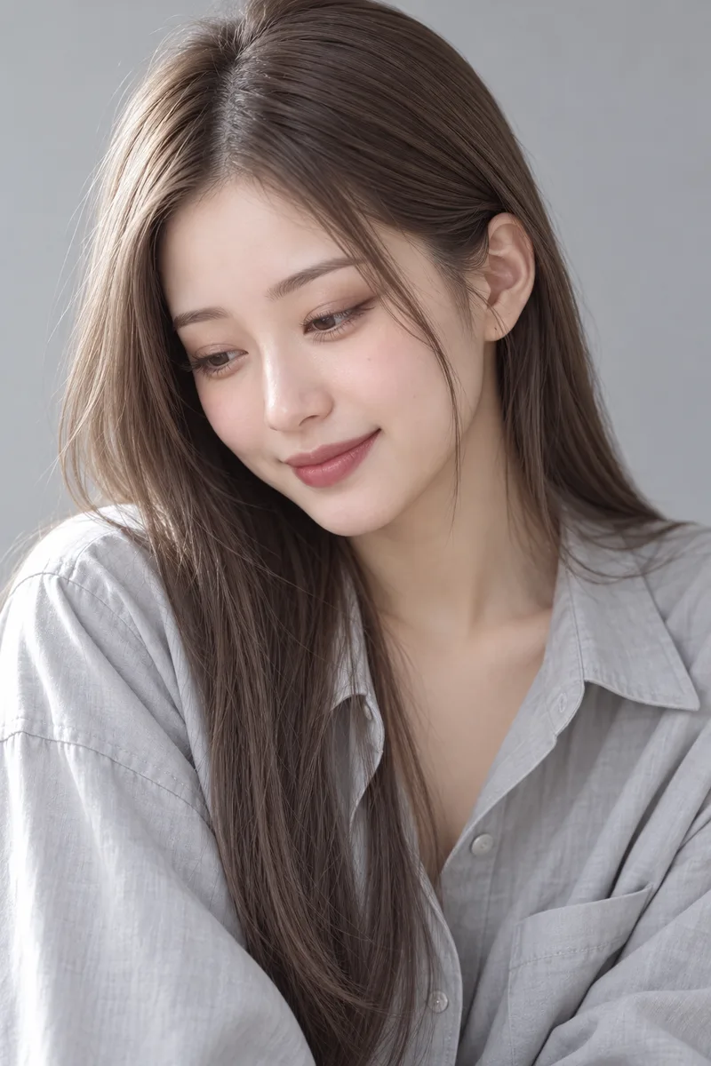 tender motherly look, eyes softly lowered with kindness, eyebrows relaxed, a gentle closed-lip smileで生成した例（4枚目）