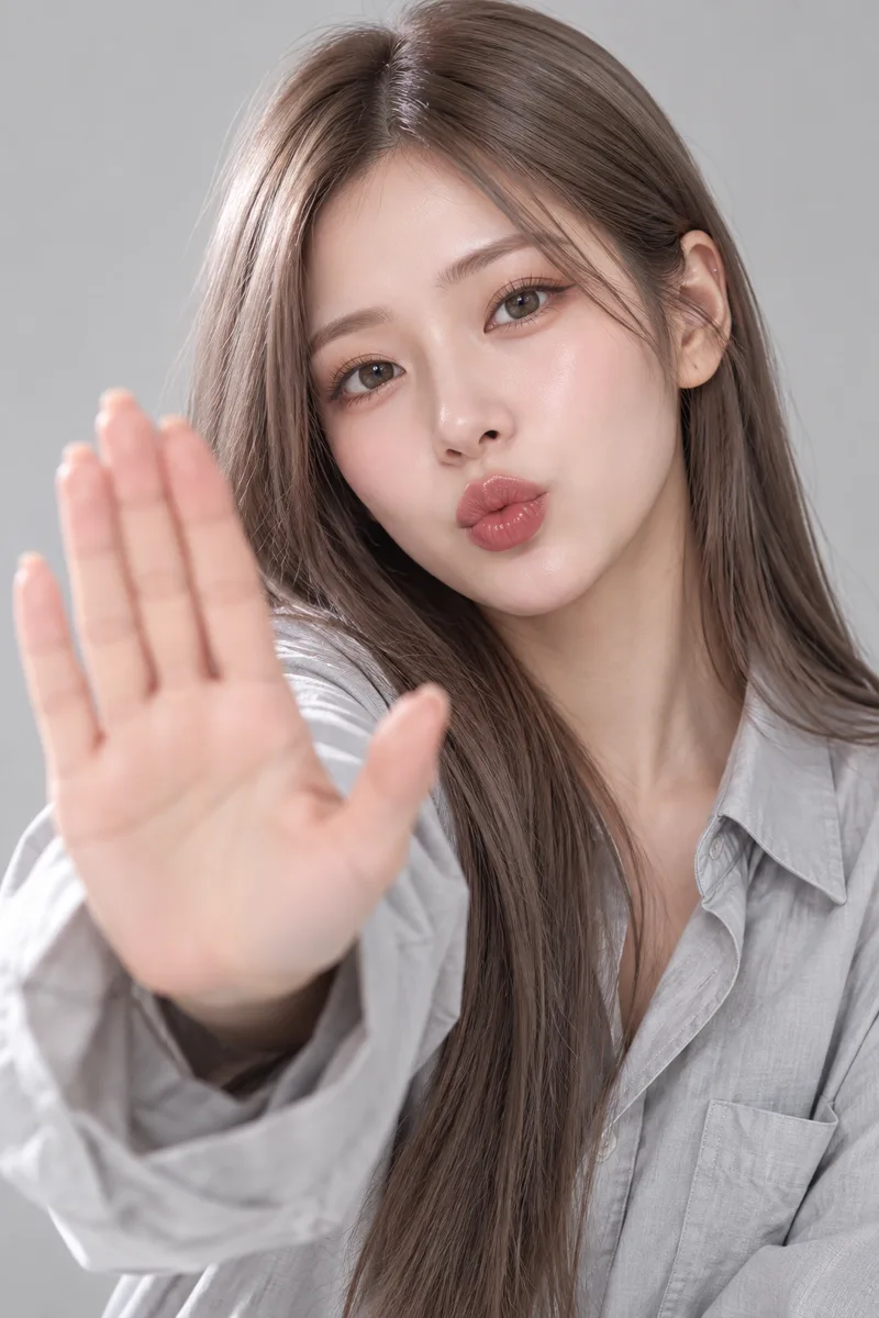 blowing a kiss, right arm stretched out toward the camera, the hand held upright with the fingers together pointing up and the palm facing the camera, lips puckered, eyes looking at the cameraで生成した例（2枚目）