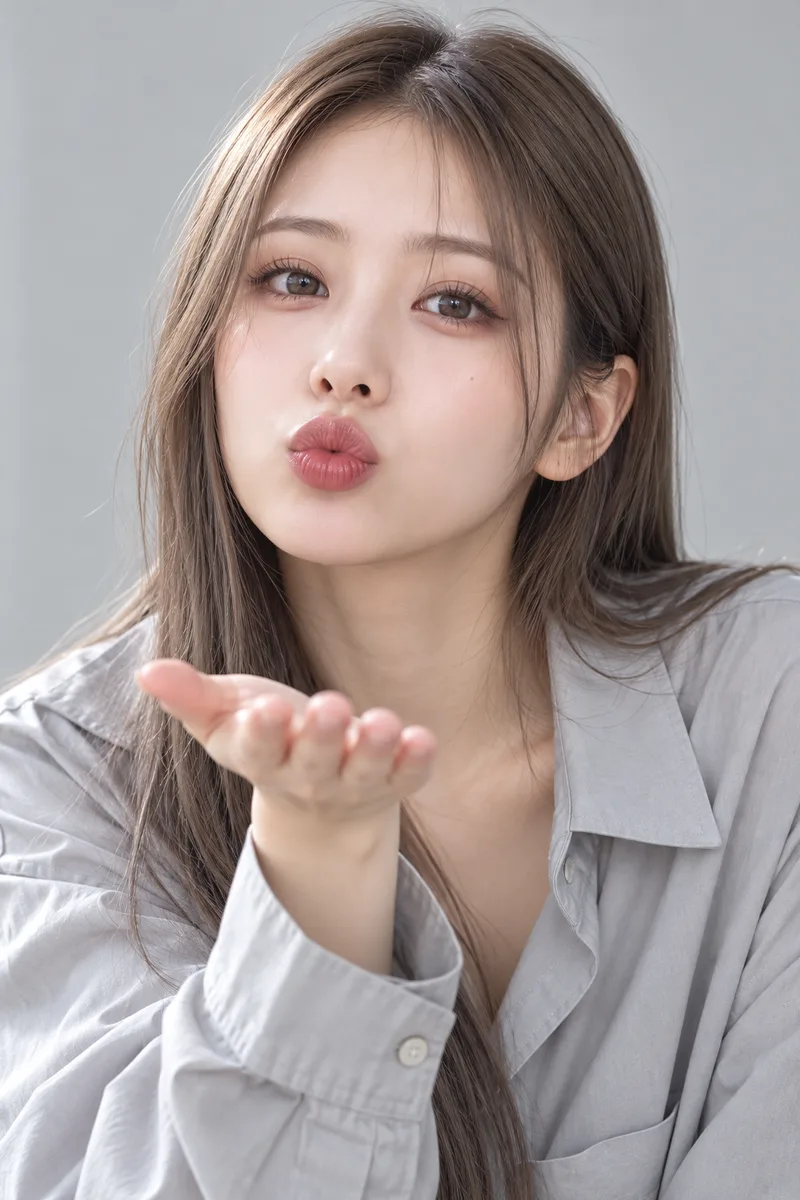 blowing a kiss to the camera, she has just kissed the fingertips of one hand and is sending the kiss forward, the hand moving away from her lips with the open palm facing the camera, lips still puckered, eyes looking at the cameraで生成した例（2枚目）