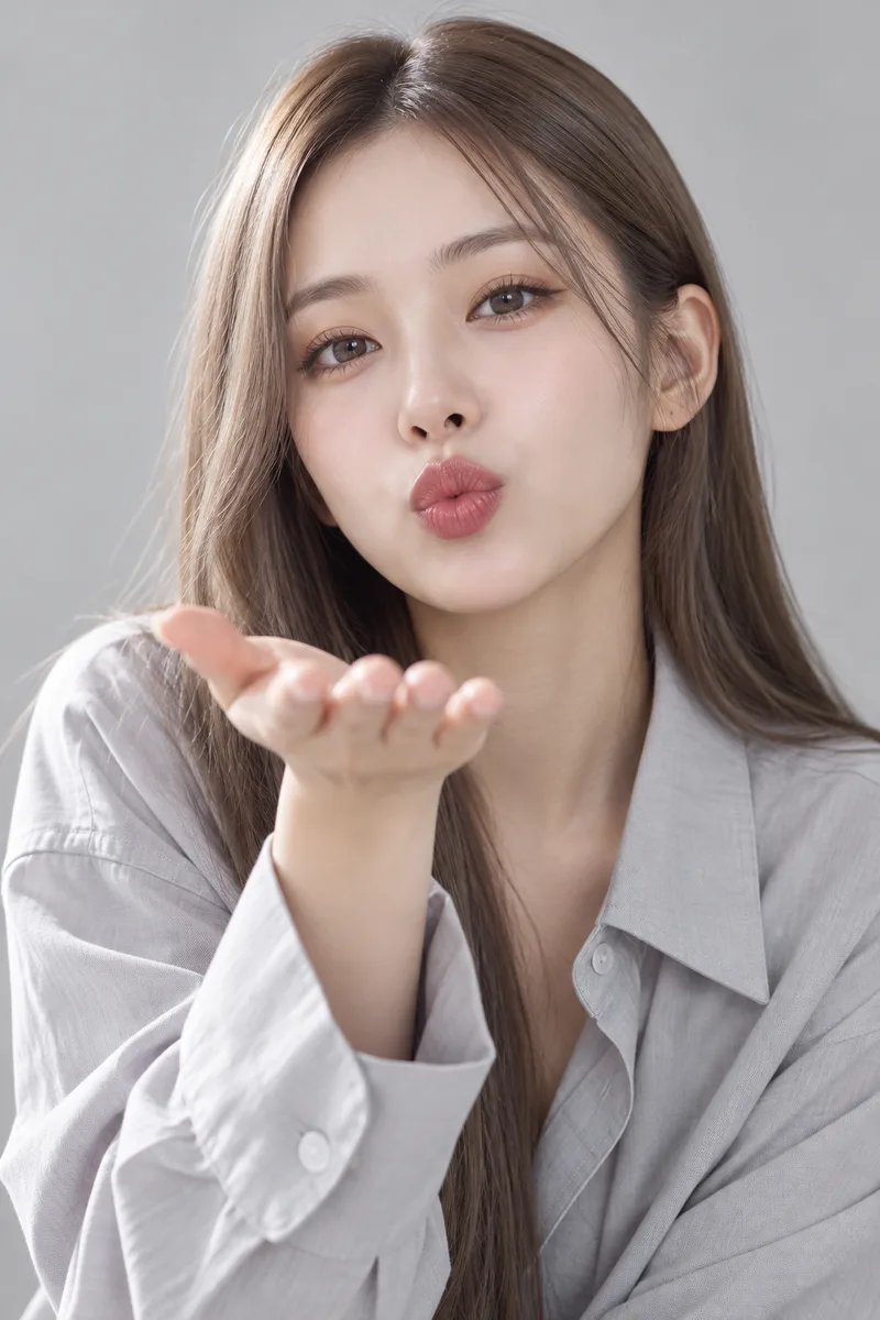 blowing a kiss to the camera, she has just kissed the fingertips of one hand and is sending the kiss forward, the hand moving away from her lips with the open palm facing the camera, lips still puckered, eyes looking at the cameraで生成した例（4枚目）