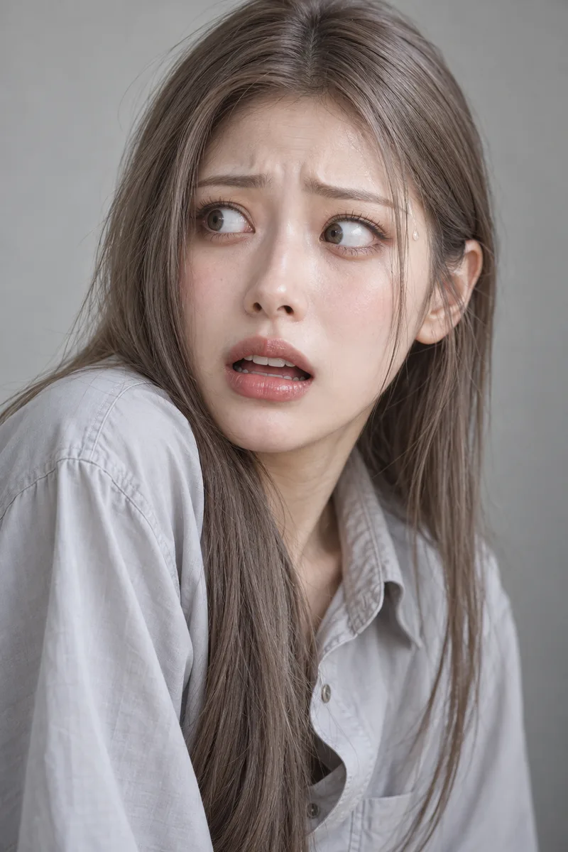 flustered and panicking, eyes wide open and darting to the side, eyebrows raised high in the middle, mouth open as if about to say something, a bead of sweat on her templeで生成した例（2枚目）
