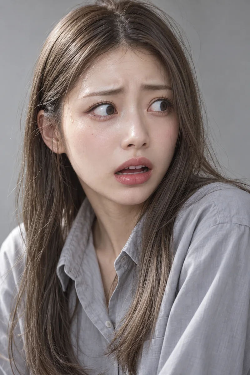 flustered and panicking, eyes wide open and darting to the side, eyebrows raised high in the middle, mouth open as if about to say something, a bead of sweat on her templeで生成した例（4枚目）