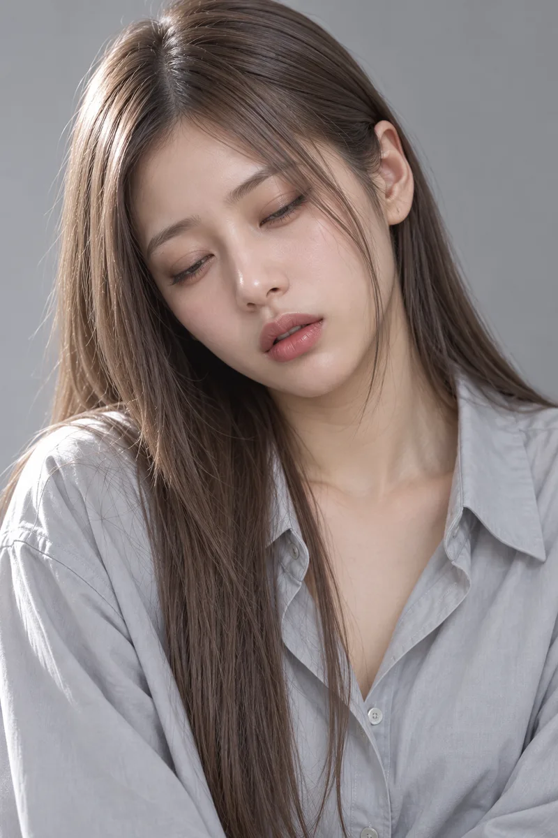 drowsy and nodding off, eyes almost closed with heavy lids, head drooping to one side, chin dropping, face completely relaxed, lips slightly partedで生成した例（2枚目）