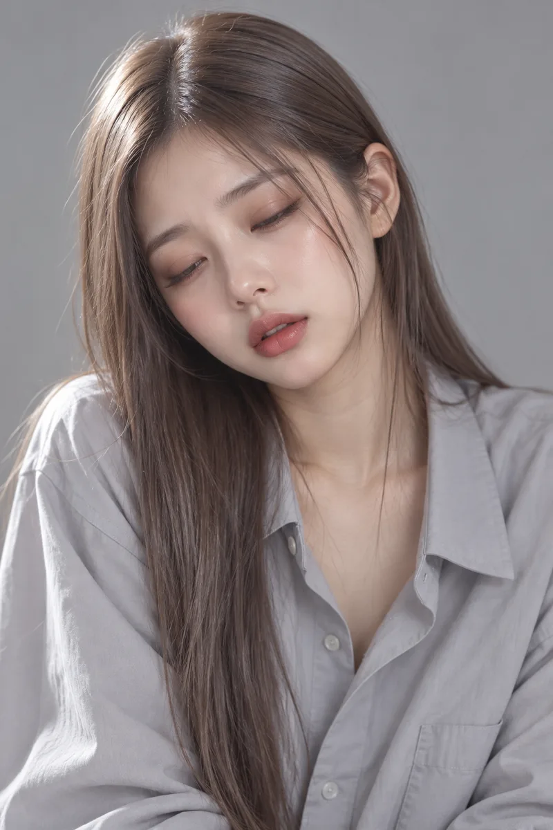 drowsy and nodding off, eyes almost closed with heavy lids, head drooping to one side, chin dropping, face completely relaxed, lips slightly partedで生成した例（4枚目）