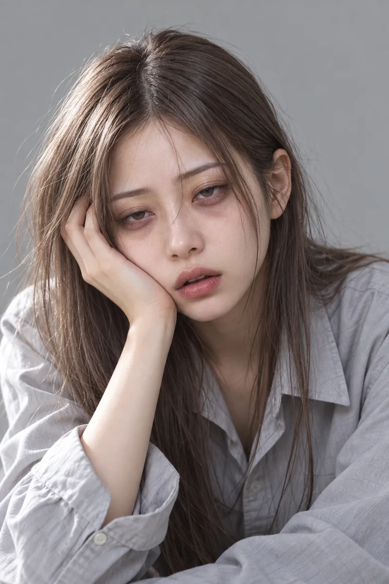 疲れ切った顔の生成例