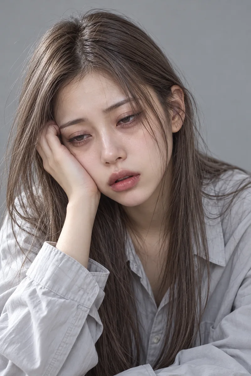 completely exhausted and worn out, slumped forward, eyes dull and half closed, dark circles under her eyes, hair slightly messy, mouth hanging slightly open, head resting heavily against her handで生成した例（4枚目）