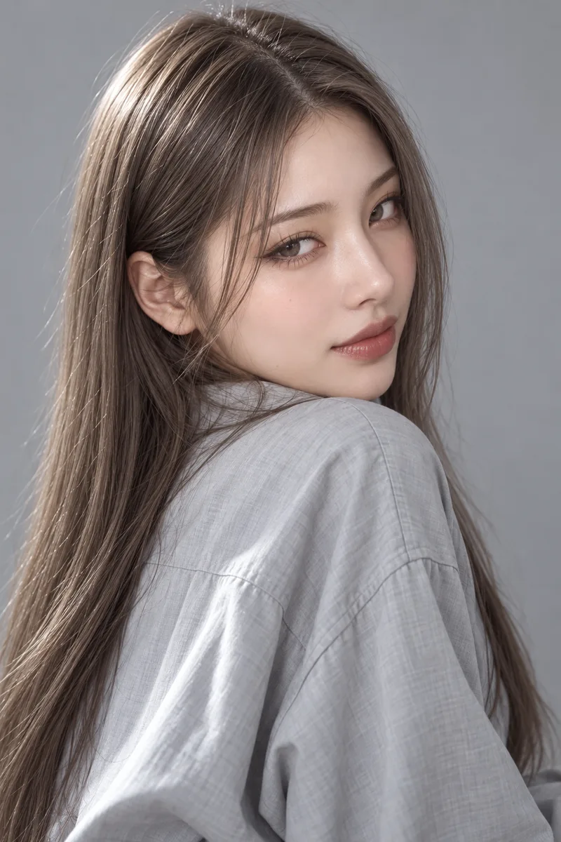 alluring, glancing back over her shoulder at the camera with half-lidded eyes, a faint knowing smileで生成した例（4枚目）