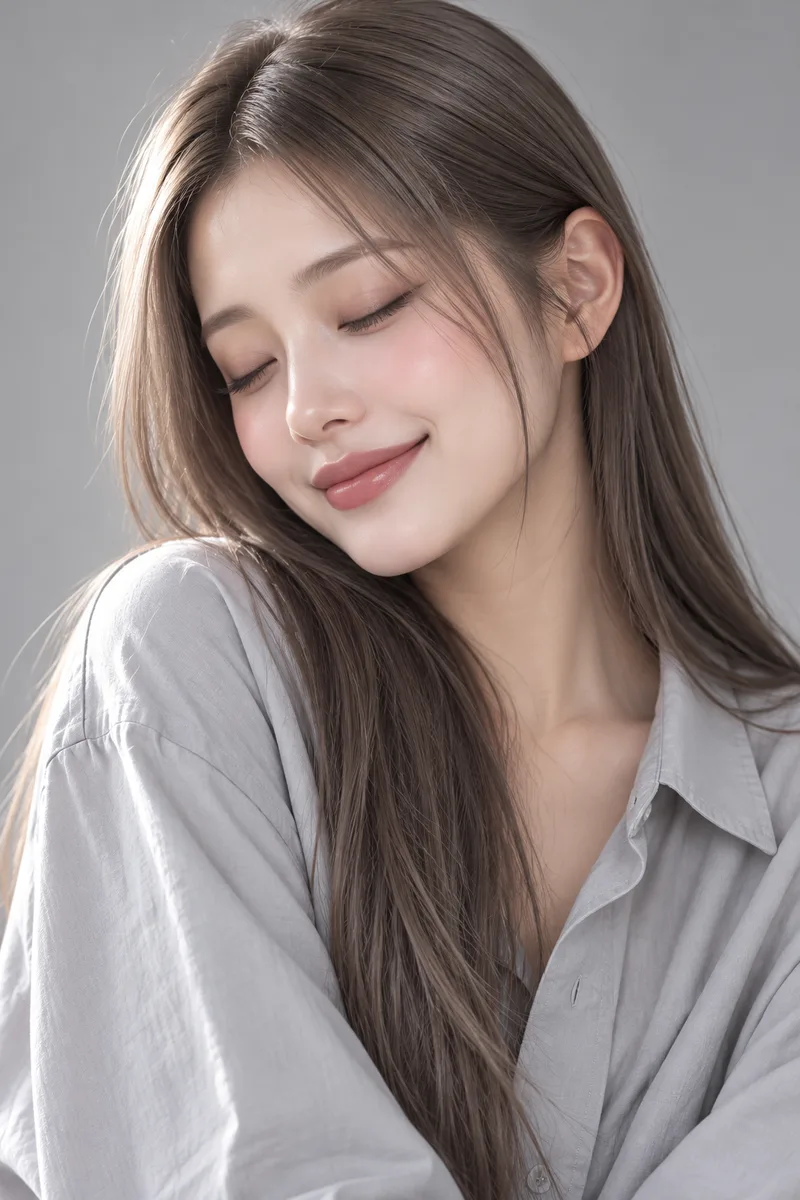 目を閉じて微笑む至福の顔の生成例