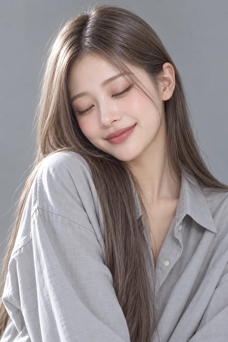 blissful, eyes gently closed, a serene contented smile, cheeks softly flushed, head tilted to one sideで生成した例（4枚目）