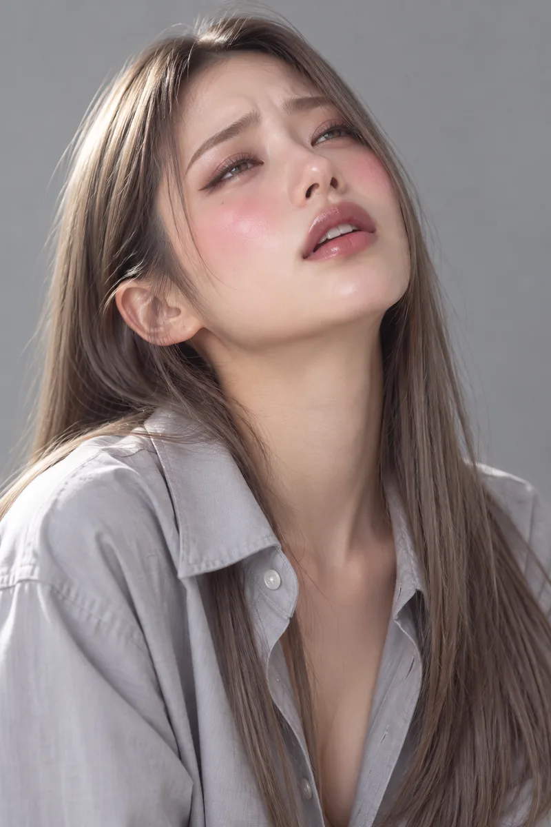 ecstatic, an enraptured expression with eyes half-closed and gazing upward, eyebrows raised in the middle, lips softly parted, deeply flushed cheeks, head tilted backで生成した例（2枚目）