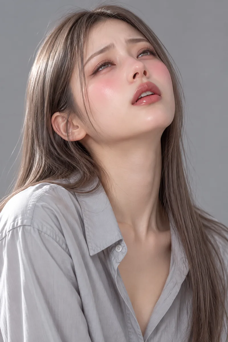ecstatic, an enraptured expression with eyes half-closed and gazing upward, eyebrows raised in the middle, lips softly parted, deeply flushed cheeks, head tilted backで生成した例（4枚目）