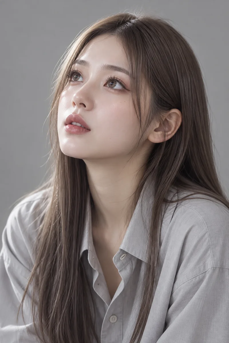 entranced, gazing upward with wide glassy unblinking eyes, lips slightly parted, face frozen in fascinationで生成した例（2枚目）