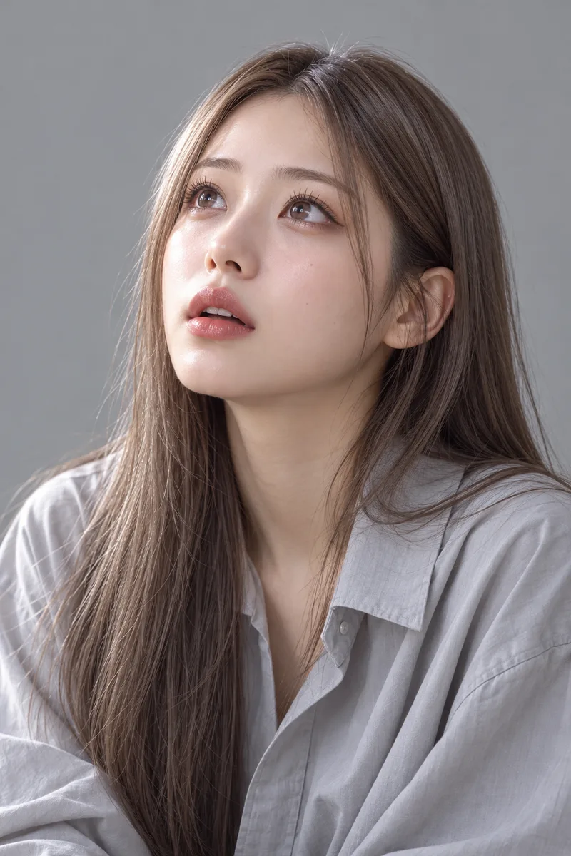 entranced, gazing upward with wide glassy unblinking eyes, lips slightly parted, face frozen in fascinationで生成した例（4枚目）