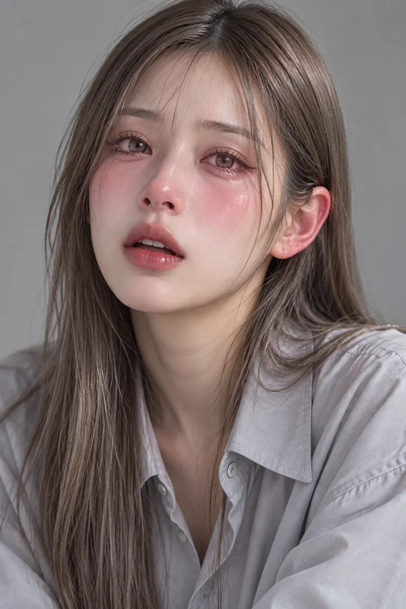 deeply flushed red cheeks and ears, moist teary eyes, lips parted, breathing heavilyで生成した例（1枚目）