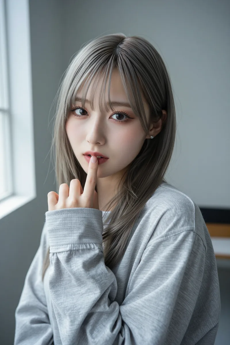 seductive gaze, looking up into the camera from under her lashes with heavy-lidded eyes, chin lowered, lips slightly parted, a fingertip resting on her lower lipで生成した例（2枚目）
