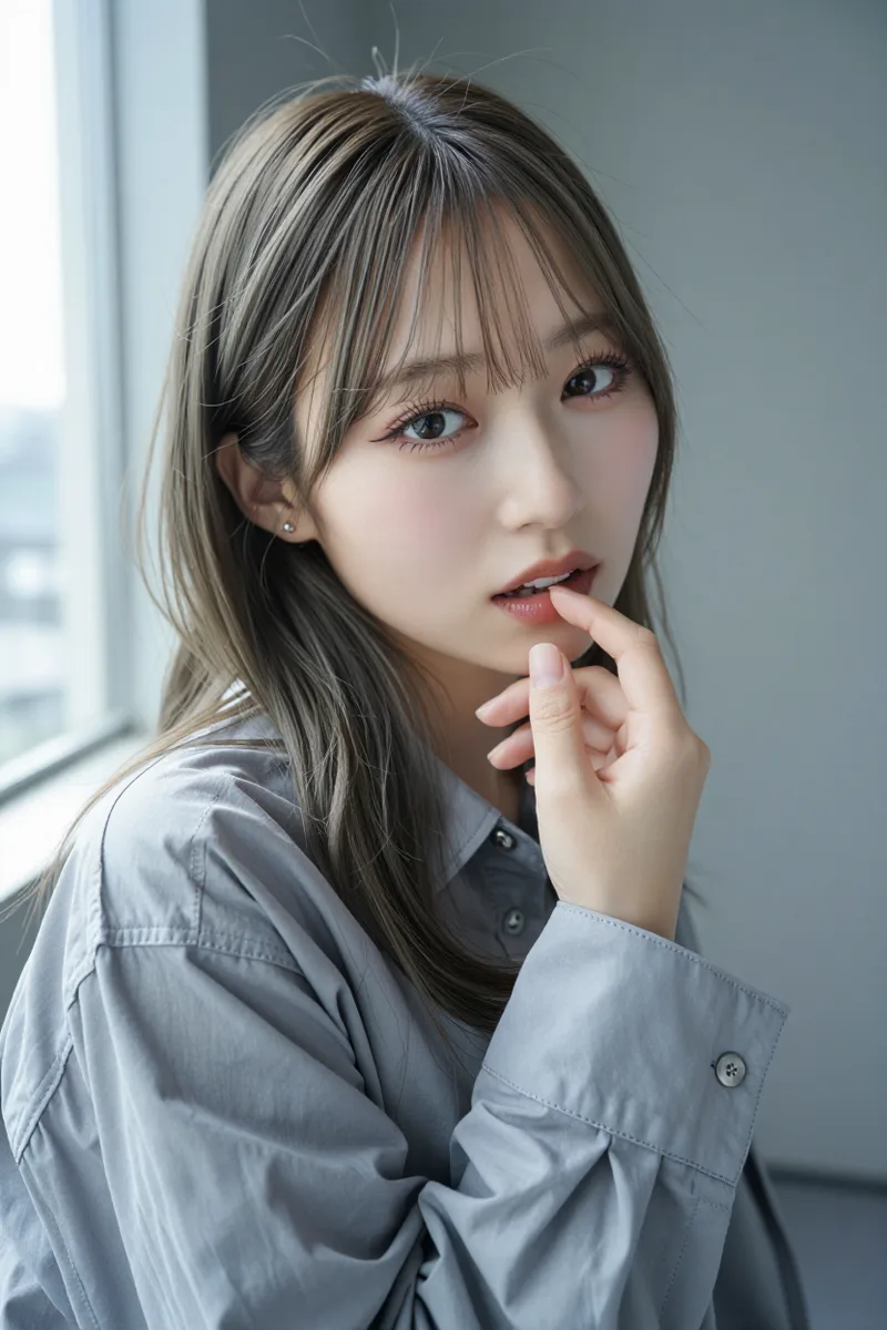 seductive gaze, looking up into the camera from under her lashes with heavy-lidded eyes, chin lowered, lips slightly parted, a fingertip resting on her lower lipで生成した例（3枚目）