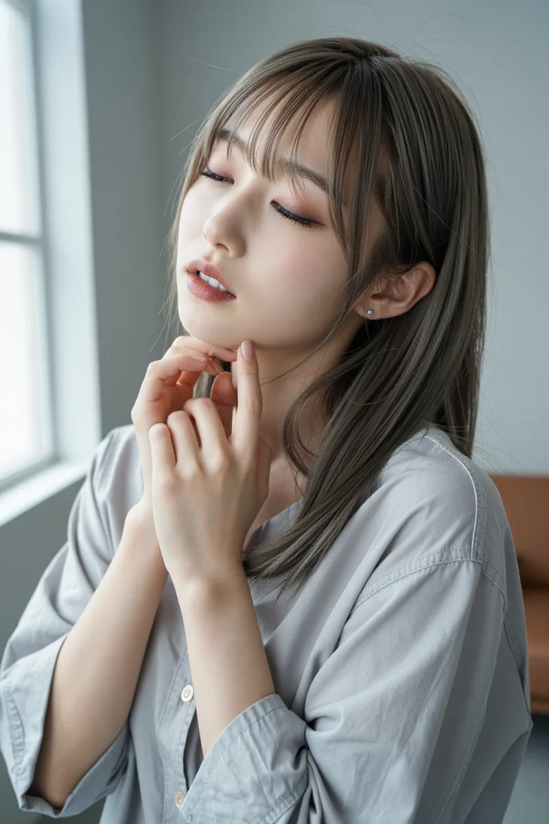 首に指を添えて目を閉じるの生成例