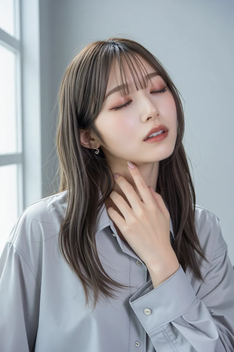 sensual, eyes closed, head tilted back exposing her neck, lips softly parted, fingertips lightly touching her neckで生成した例（2枚目）