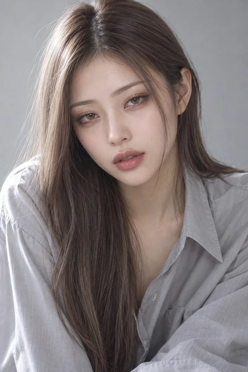 bedroom eyes, upper eyelids lowered halfway over the irises, soft dreamy sultry gaze at the camera, relaxed eyebrows, lips slightly partedで生成した例（2枚目）