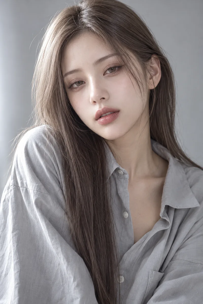 bedroom eyes, upper eyelids lowered halfway over the irises, soft dreamy sultry gaze at the camera, relaxed eyebrows, lips slightly partedで生成した例（4枚目）